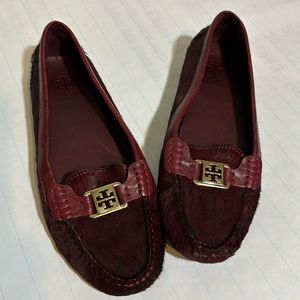 Tory Burch calf hair burgundy loafers